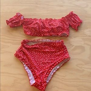 red and white floral high waisted suit